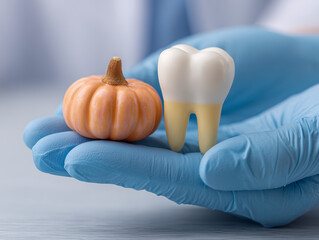 Gloved Hands Holding Tooth with Pumpkin