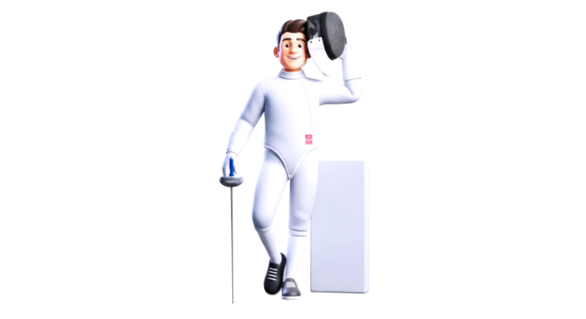 3d cartoon fencing champion relaxed pose, confident athlete, ready to duel, isolated on transparent background