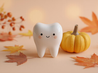 Happy Tooth Character with Autumn Background