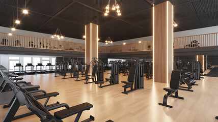 Modern gym interior with rows of exercise equipment and cardio machines