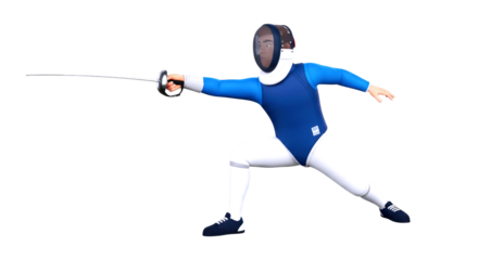 3d cartoon fencing champion dynamic pose, precise strike, unwavering focus, athletic elegance, isolated on transparent background