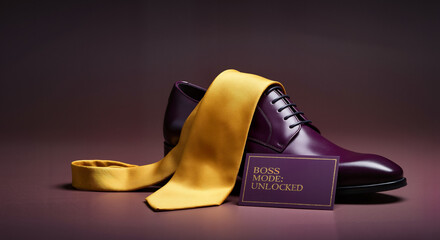 Stylish purple shoes and yellow tie with Boss's Day card
