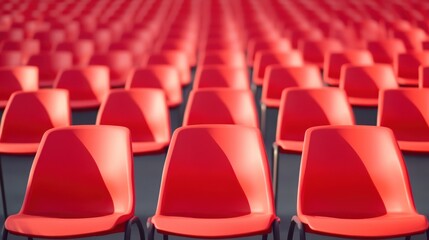 Obraz premium Rows of empty red plastic chairs in sunlight