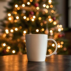 Obraz premium Christmas mug mockup. White ceramic mug on a wooden table with warm bokeh holiday lights and a decorated Christmas tree softly blurred in the background.