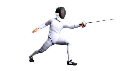 3d cartoon fencing champion dynamic pose, intense focus, white uniform, isolated on transparent background