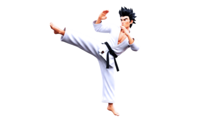 3d cartoon karate kid highflying kick,focused determination, unstoppable power, dynamic pose, martial arts action, isolated on transparent background