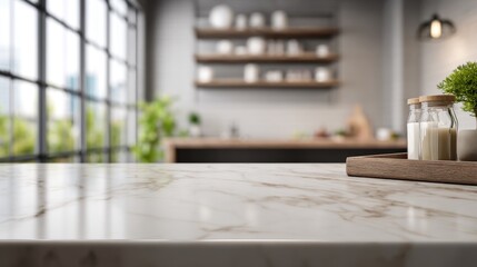 Marble countertop with wooden tray glass jars and blurred kitchen background