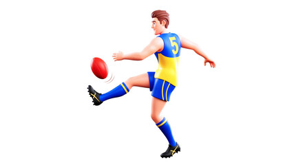 Obraz premium australian rules football player dynamic kick, precise movement, athletic power, 3d cartoon model, game asset, sports animation, isolated on transparent background