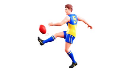australian rules football player dynamic kick, precise movement, athletic power, 3d cartoon model, game asset, sports animation, isolated on transparent background