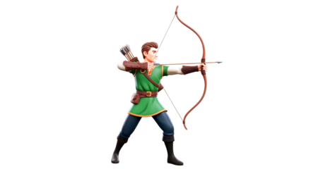3d cartoon archer medieval fantasy, precise aim, green outfit, epic adventure, isolated on transparent background