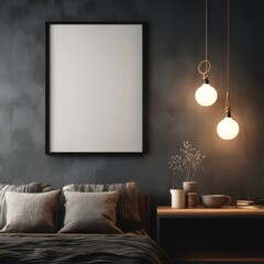 A minimalist bedroom with deep gray textured walls, black empty frame, wooden nightstand, decorative pillows, vase,
