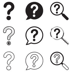 Set of nine question mark and magnifying glass icons in various styles including solid outline and sketched