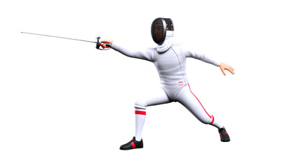 3d cartoon fencer dynamic foil action pose, precise strike, unwavering focus, isolated on transparent background