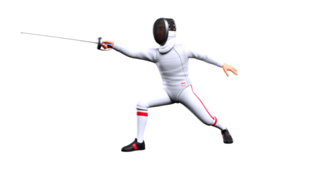 3d cartoon fencer dynamic foil action pose, precise strike, unwavering focus, isolated on transparent background