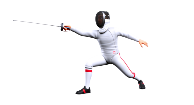 3d cartoon fencer dynamic foil action pose, precise strike, unwavering focus, isolated on transparent background - Powered by Adobe
