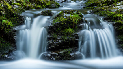 Serene forest waterfall with lush greenery