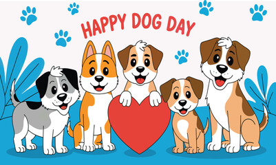 Cartoon dogs celebrating happy dog day with heart and paw prints illustration