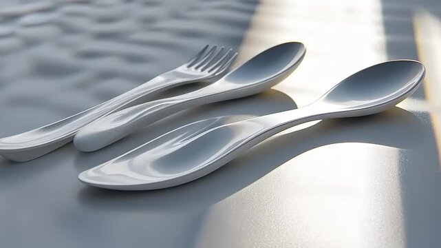 Minimalist flatware setup: White fork and spoons artfully arranged in soft natural light