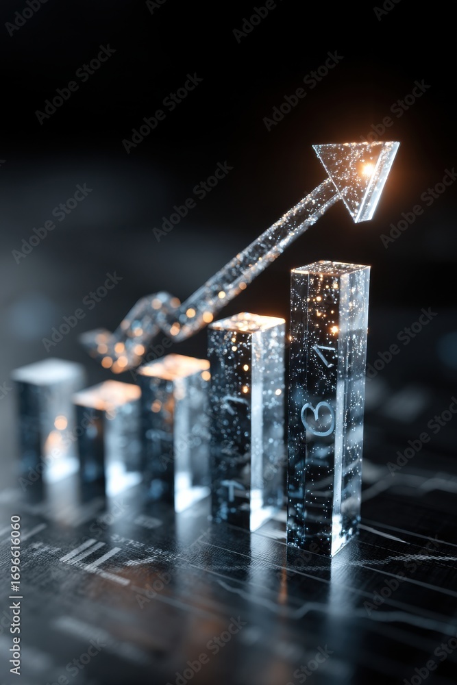 Poster illuminated 3d bar graph with upward arrow representing business growth concept