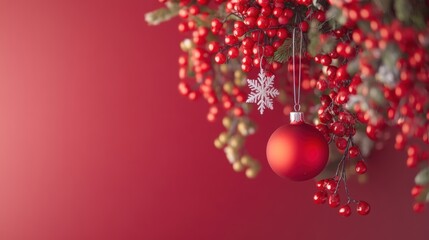 Ornament among red berries and festive greenery in winter