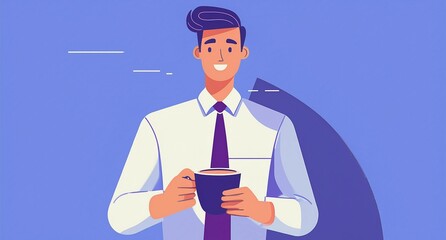 A smiling office worker or businessman holding a cup of coffee on blue wall background. Clean and modern cartoon style concept, focusing on professional people enjoying a coffee break.