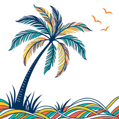 Obraz premium Colorful abstract palm tree with birds and waves