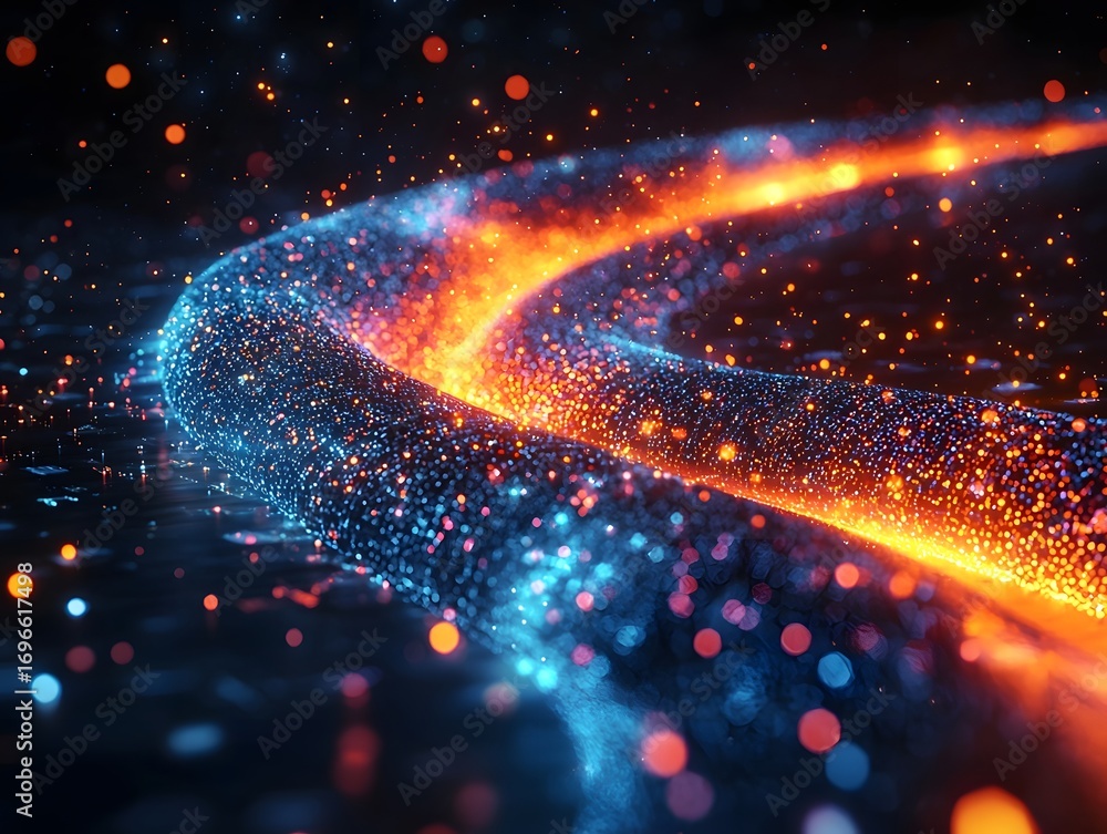 Poster abstract streams of glowing blue and orange digital particles flowing symbolizing data innovation an