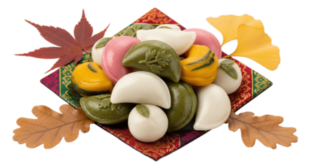Pastel Songpyeon Rice Cakes with Autumn Leaves on Patterned Fabric on Transparent Background