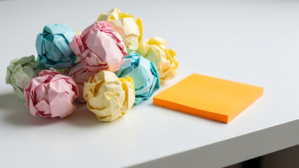Colorful crumpled paper balls and orange sticky notes