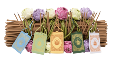 Incense Sticks and Lotus Flowers with Prayer Flags on Transparent Background