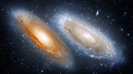 Fototapeta premium Spiral galaxy cosmic collision deep space star nebula dust glowing core blue orange emotive view of two spiral galaxy cosmic collision within deep space