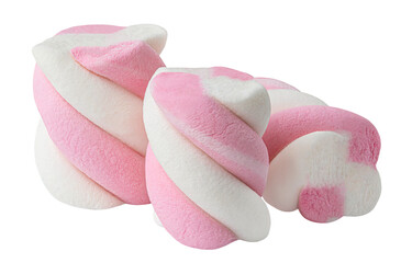 Marshmallows isolated on white background. Twisted  rainbow coloured marshmallow Candy closeup