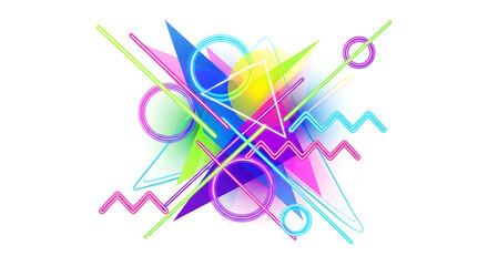 Vibrant geometric shapes and lines creating a dynamic abstract composition with a retro aesthetic