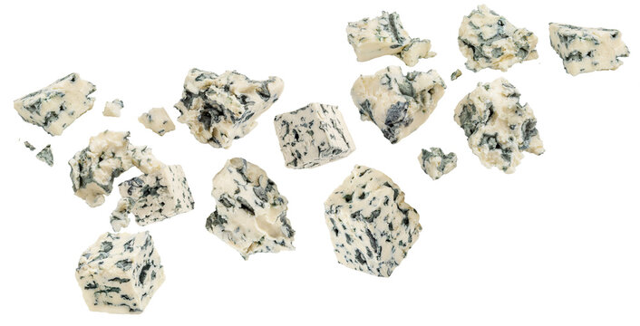 Flying Blue Cheese pieces isolated on white. HighQuality Levitating Blue cheese slices. Mold Cheese Explosion. Top view. Flat lay.