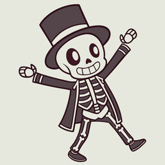 Obraz premium Vector art of a cute cartoon skeleton wearing a top hat and suit, dancing joyfully with its arms outstretched, isolated on a light background