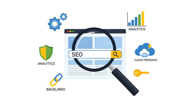 Conceptual illustration of digital marketing and web search optimization, featuring key elements like analytics and backlinks in a clean vector graphic design