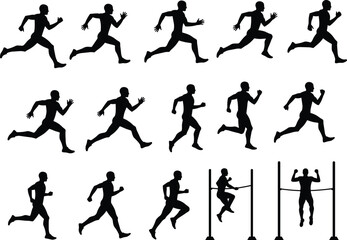 Silhouette runners and athlete performing pull-ups illustration, fitness exercise, jogging, training, workout, sports activity, health, and strength.