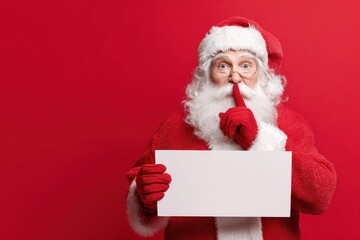 Secret Santa Party. Caucasian Santa Claus with Blank Poster for Christmas Announcement