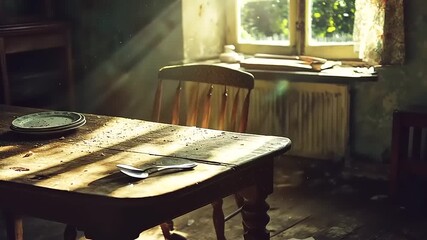 Sunlit Abandon: A Still Life of Decay and Resurgence in an Old Dining Room - Powered by Adobe