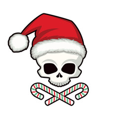 Scary Santa Claus skull and candy cane crossbones vector illustration. Spooky christmas skull in red santa hat icon isolated on a white background. Human skull with red crooked hat cartoon