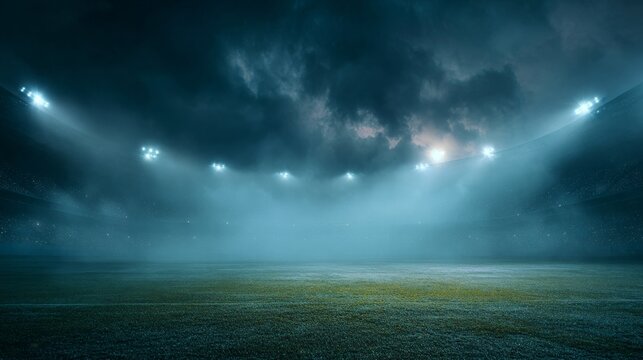 Empty Stadium Field with Bright Floodlights and Fog Creating Dramatic Cinematic Atmosphere