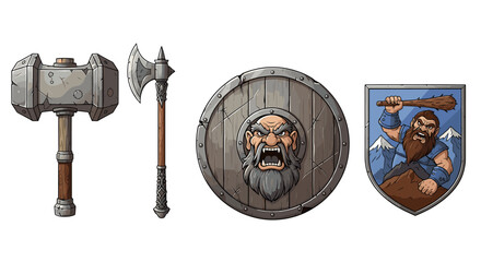 Fearsome Viking Weaponry: A Cartoonish Collection for Adventure Games