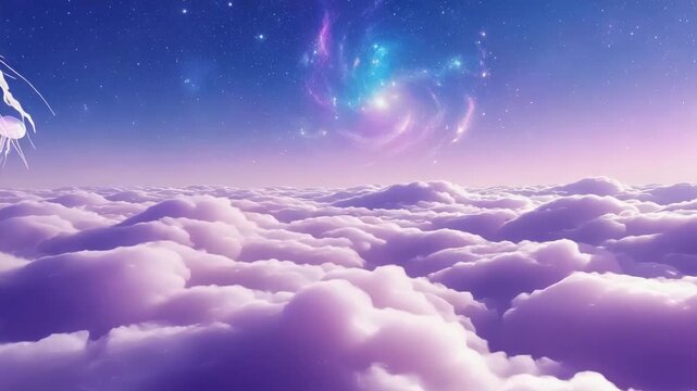A vast ocean of thick pastel purple pink clouds endlessly. soft cosmic sky faint stars distant pastel galaxies reflecting cloud tops. Tiny, semi-transparent jellyfish clouds, pulsating soft light