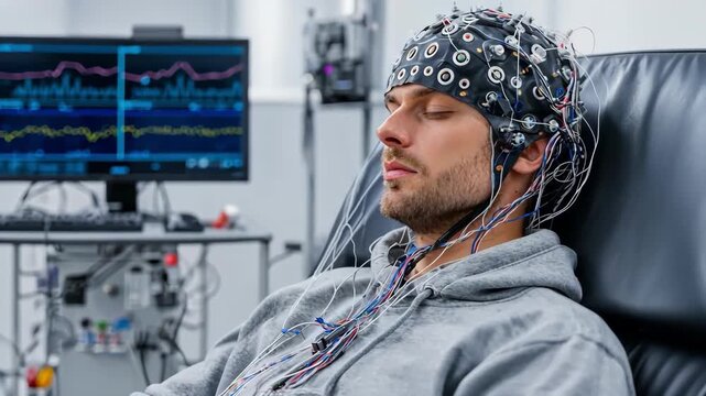 Man undergoing EEG test with electrodes on head, monitoring brain activity.