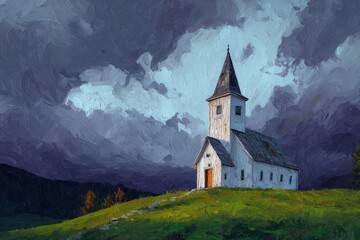 Church on a Hill Under a Dramatic Sky.