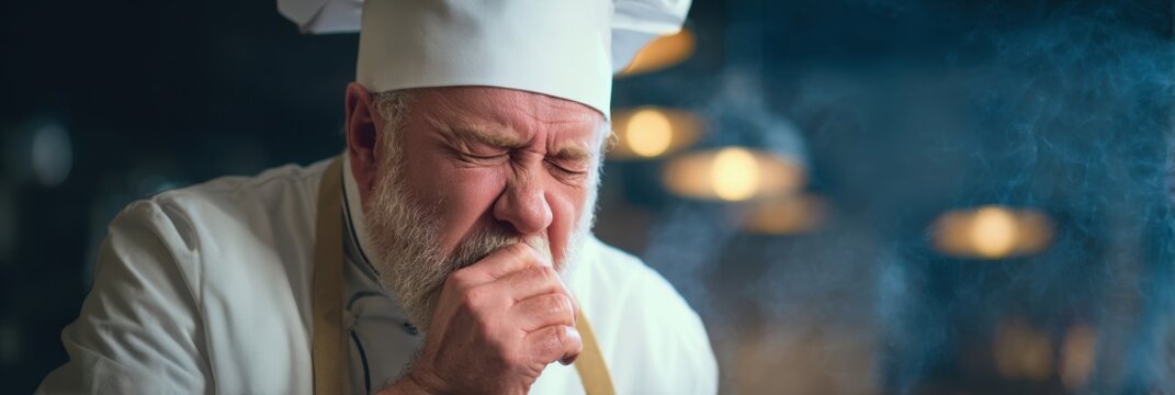 Sick Chef. Senior Baker Coughing at Restaurant Kitchen Showing Signs of Bronchitis and Asthma - Powered by Adobe