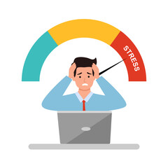 Level of work stress. Tired man with laptop near stress meter. Emoji and feelings. Bad mood, frustration and depression. Poor time management and planning. Flat vector illustration