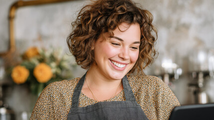Smiling barista with curly hair wearing apron stands at cafe counter using tablet, cheerful and friendly atmosphere in cozy coffee shop with floral decor