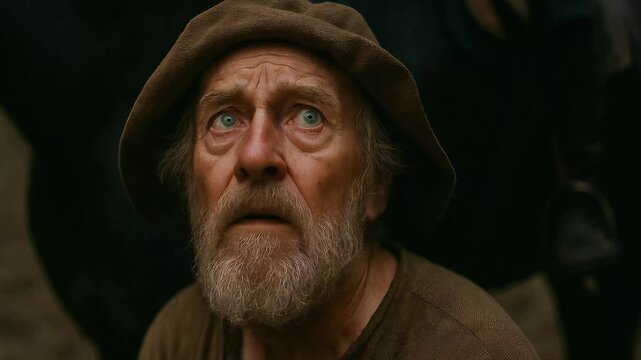 Worried Medieval Peasant Elder Looking Up (seamless loop)