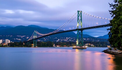 Twilight view of a suspension bridge spanning a calm body of water, mountains in the background